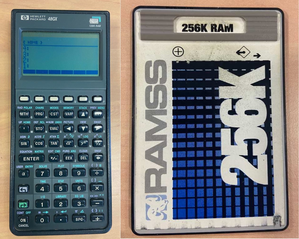 Hewlett Packard 48GX calculator and 256k RAM card